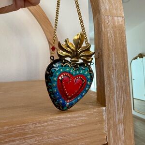 Hand-Painted Heart Pendant Necklace in Red, Turquoise & Gold